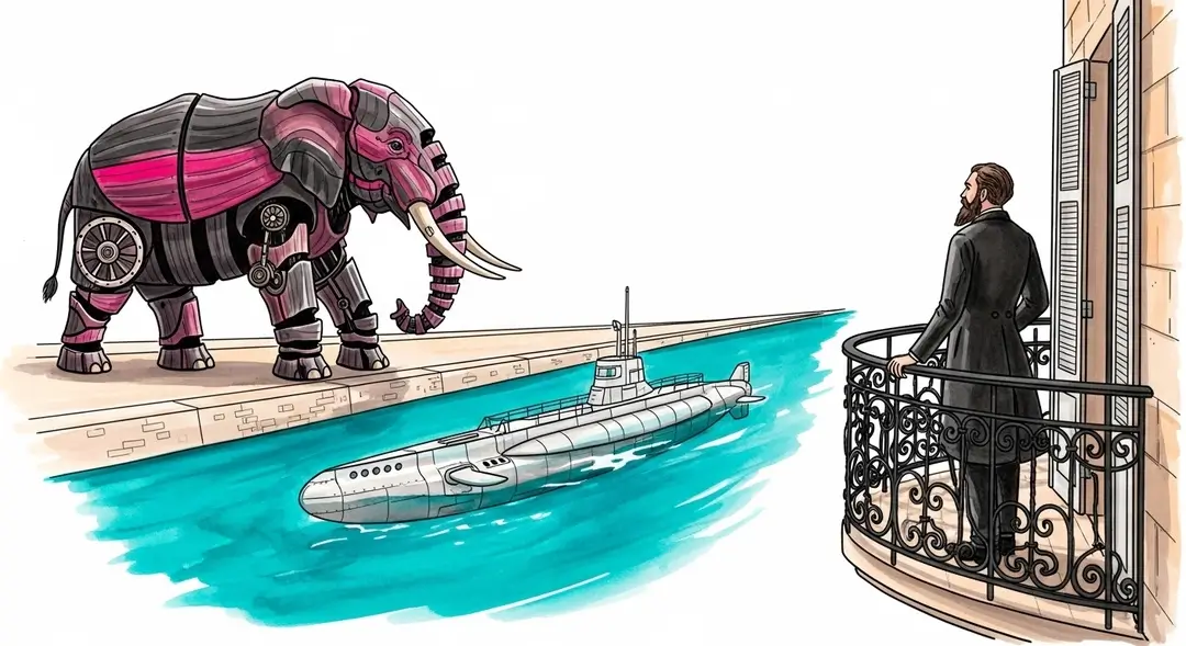 Illustration de Jules Verne à Nantes avec le Grand Éléphant des Machines de l'île et le sous-marin Nautilus