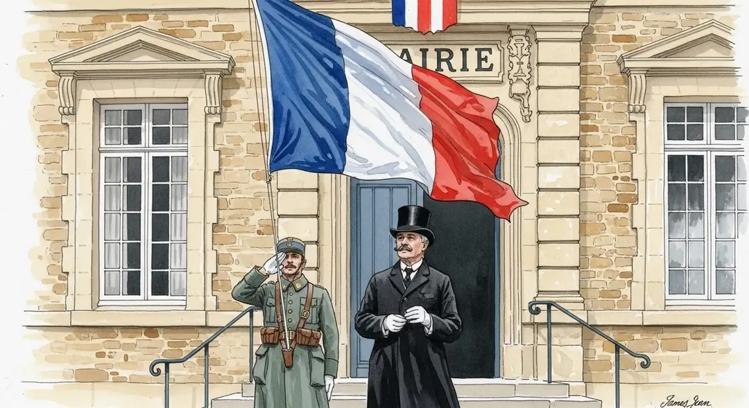 Illustration du pavoisement d'une mairie : un maire et un ancien combattant respectent le protocole du drapeau français