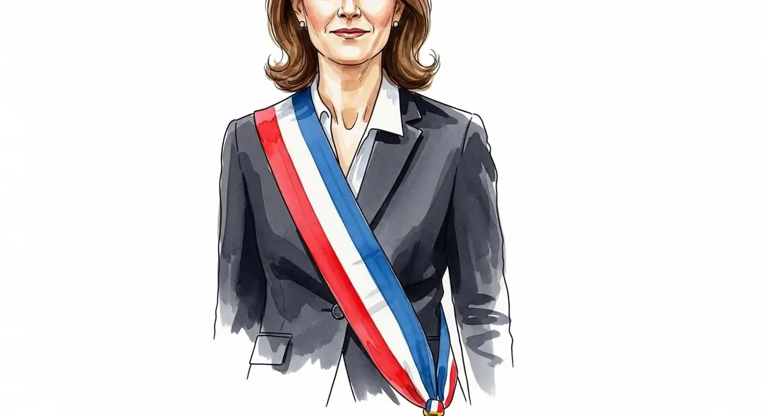Illustration d'une maire appliquant les règles du port de l'écharpe tricolore ; le protocole de l'écharpe tricolore est respecté avec la bande bleue près du col