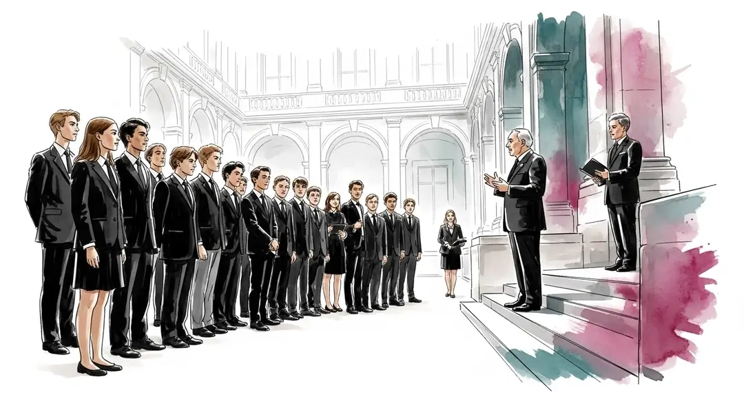 Illustration aquarelle de la cérémonie d'ouverture d'un lycée prestigieux où des élèves en code vestimentaire formel écoutent le discours du proviseur