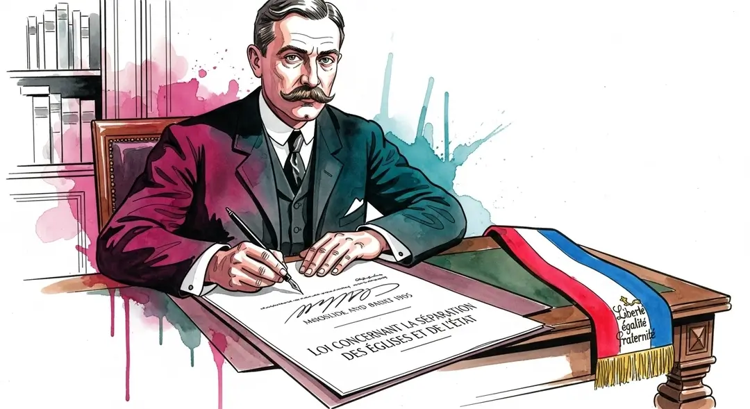 Illustration d'Aristide Briand signant la loi 1905 sur la séparation Église-État