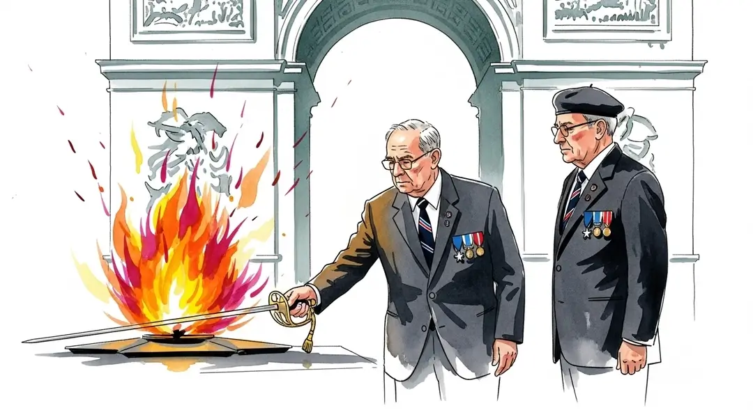 Deux anciens combattants effectuent le ravivage de la flamme du souvenir sur la Tombe du Soldat inconnu