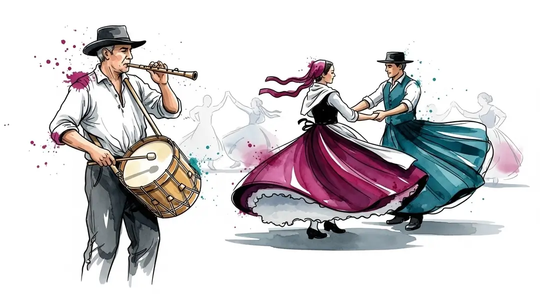 Illustration de danses traditionnelles de Gascogne : un couple danse le rondeau