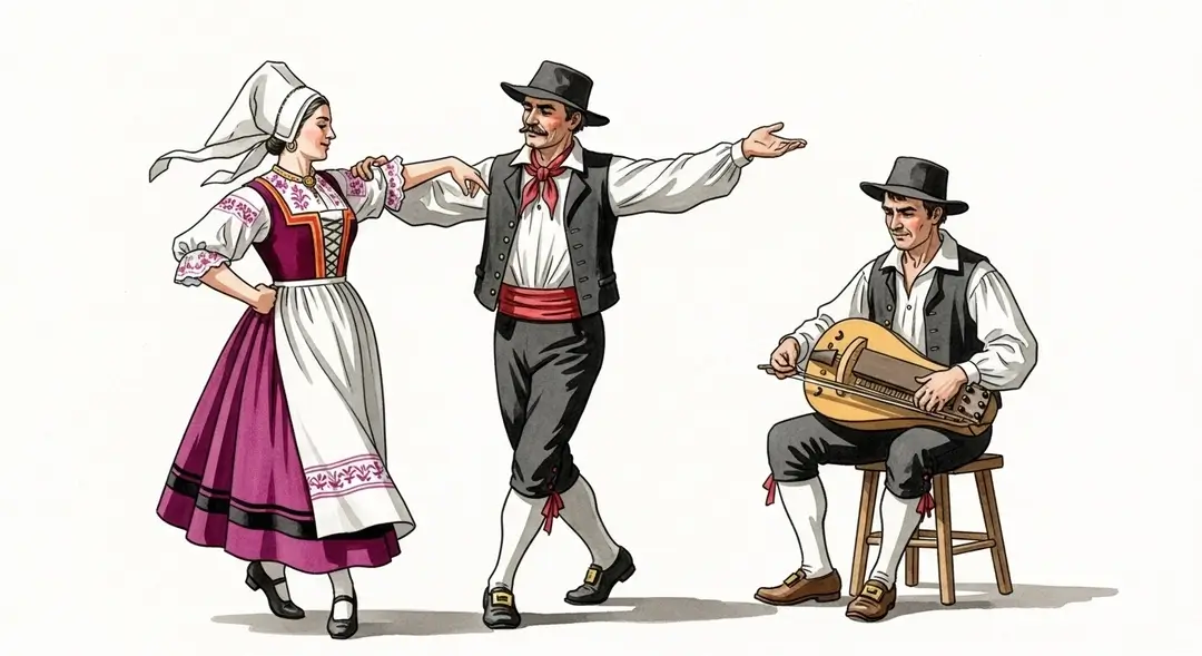 Illustration de danses traditionnelles de Bourgogne montrant un couple en costume d'époque
