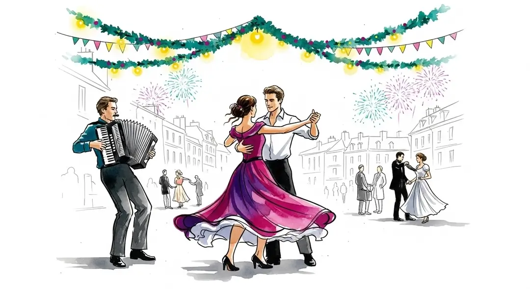 Illustration d'un couple dansant au son de l'accordéon
