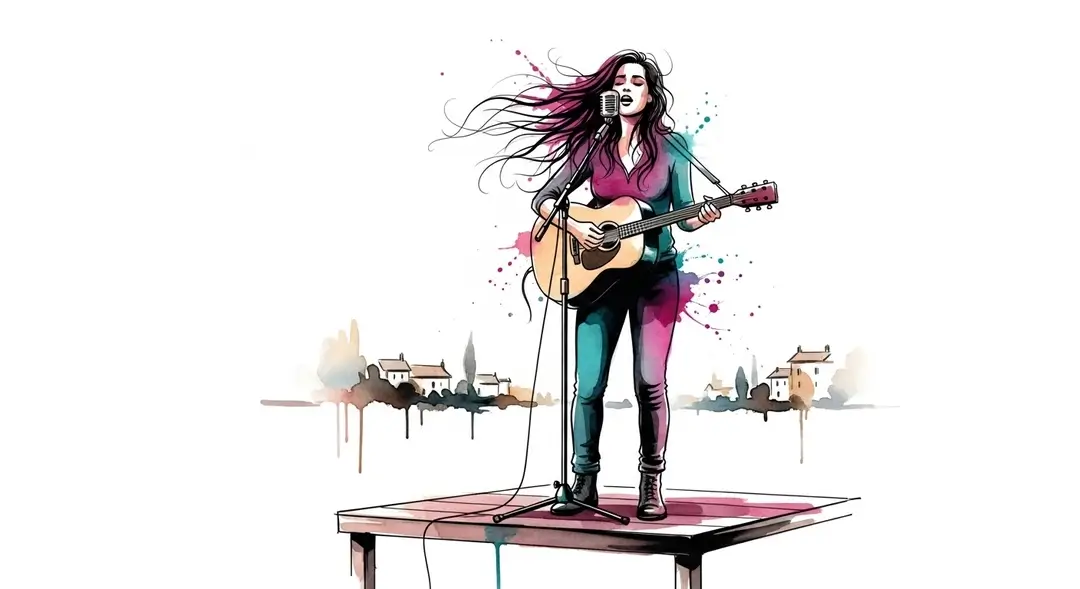 Une chanteuse guitariste sur scène pendant un concours de chanson à texte
