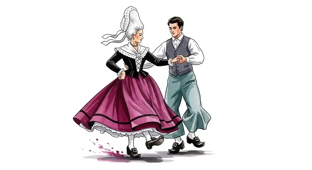 Illustration d'un couple en costume d'époque exécutant les pas de la danse pilé-menu