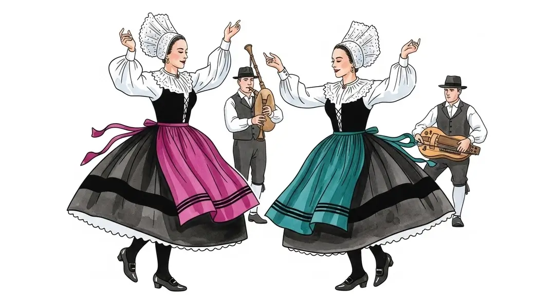Deux femmes en costume folklorique exécutant une compétition de danse traditionnelle auvergnate