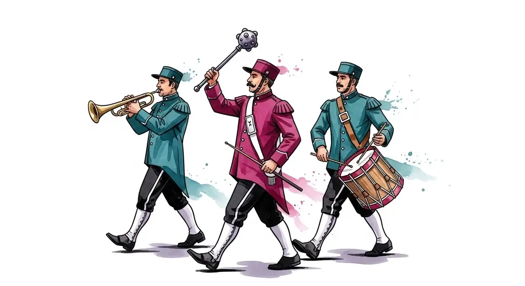 Une fanfare de village avec tambours et clairons illustre la musique traditionnelle et le folklore des Pyrénées lors d'un défilé de fête.