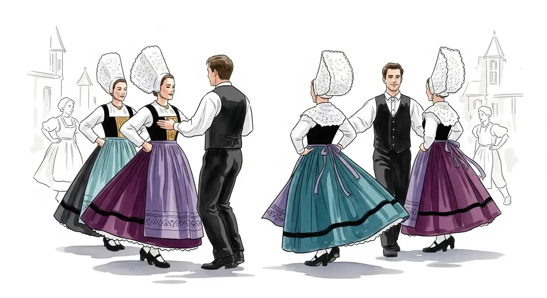 Danseurs exécutant la danse folklorique de Sainte Clotilde en Normandie