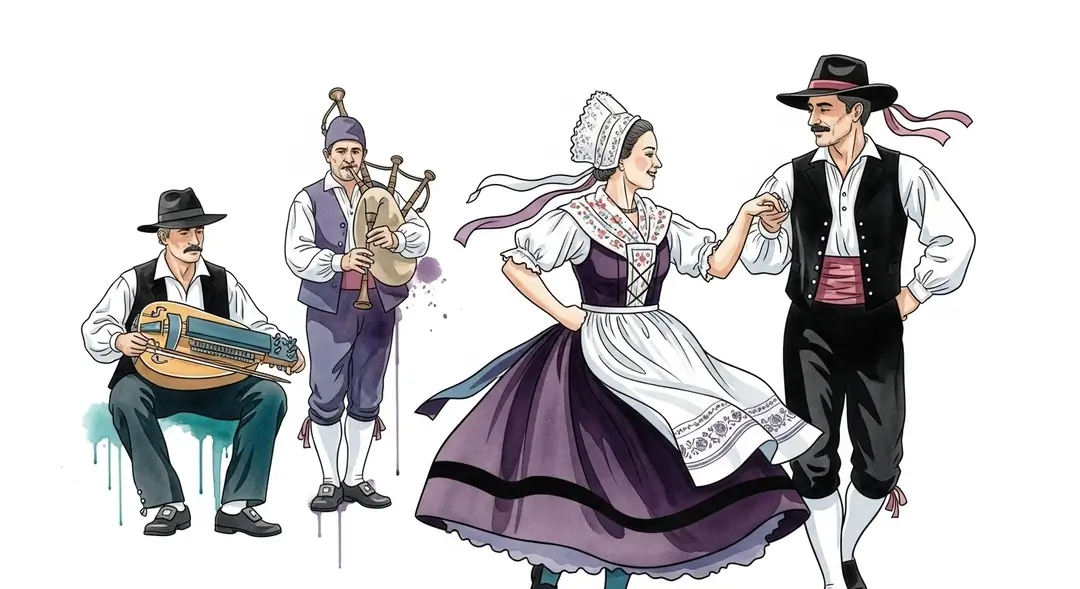 Illustration d'une danse folklorique du Forez où un couple exécute la bourrée forézienne