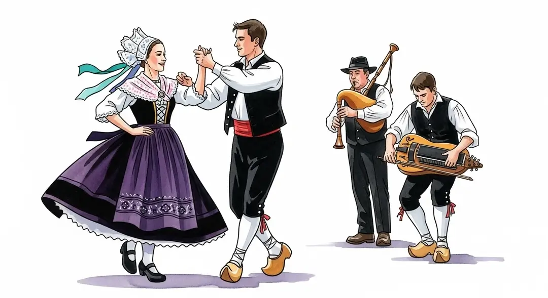 Groupe folklorique du Massif Central exécutant une danse traditionnelle