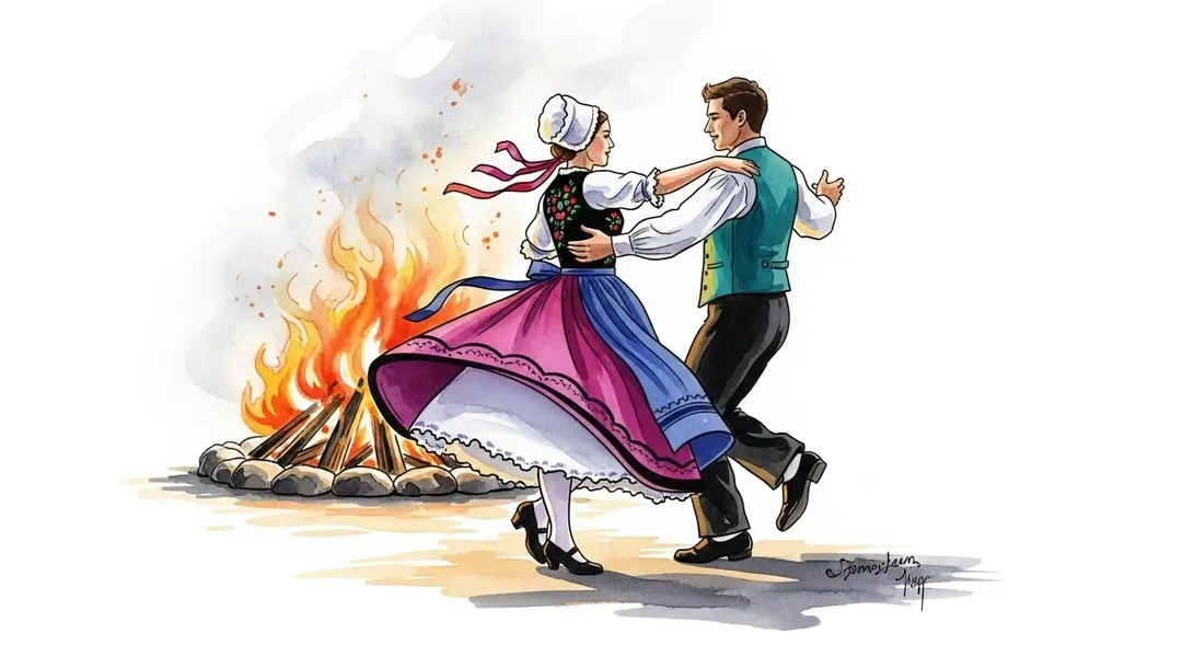 Couple en costume traditionnel exécutant des danses folkloriques Vosges lors des rituels de feu de la fête de la Saint-Jean