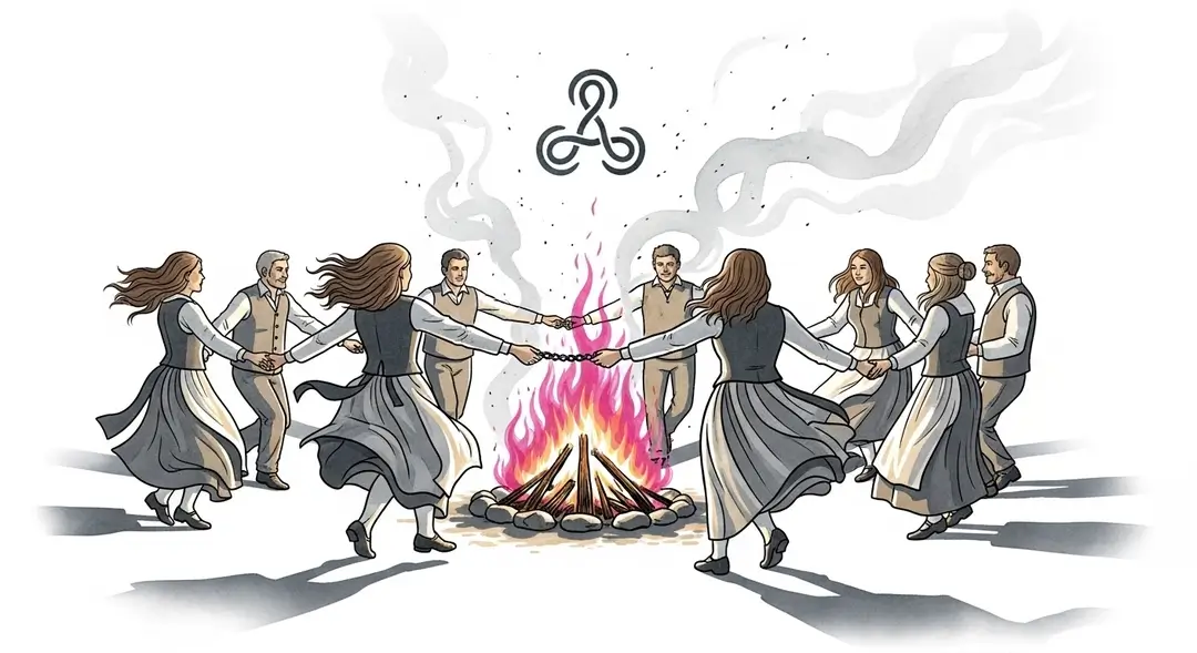 Illustration des traditions festives bretonnes avec une danse autour d'un feu