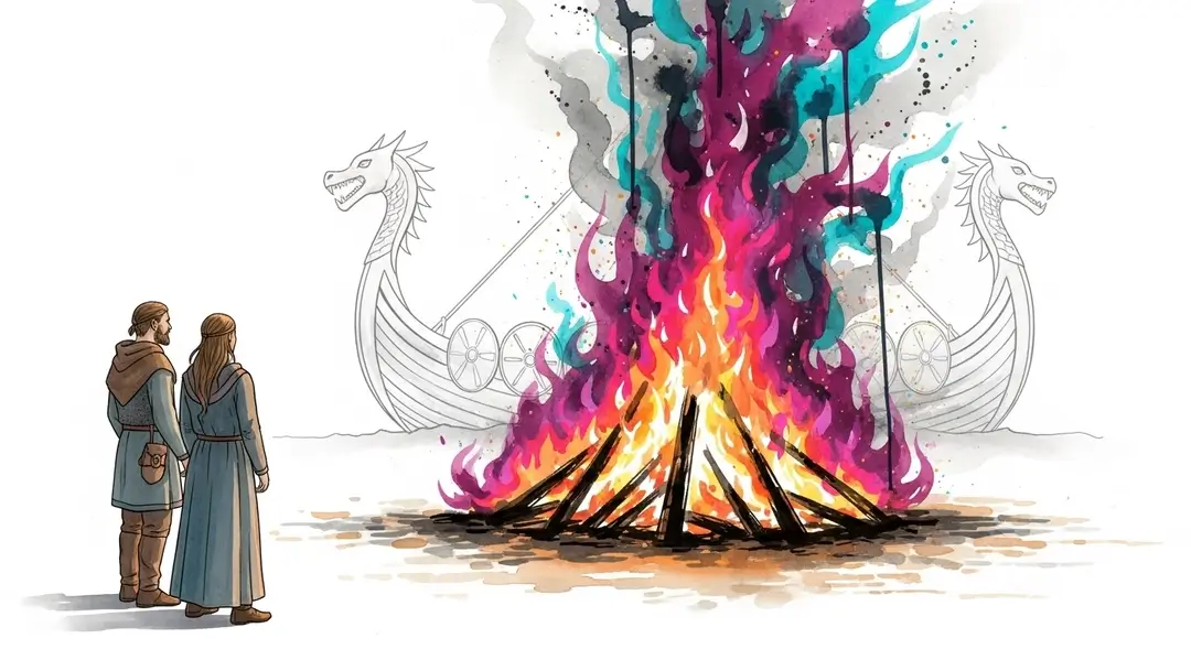 Illustration de l'héritage viking en Normandie montrant les influences scandinaves dans le folklore normand à travers une scène de feu de la Saint-Jean avec l'apparition d'un drakkar