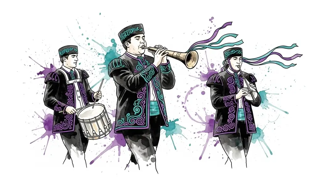 Illustration aquarelle montrant les traditions celtes au Festival Interceltique de Lorient avec des musiciens en costume breton jouant du biniou et de la bombarde.