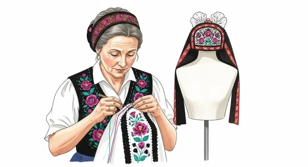 Illustration du savoir-faire artisanal mis en œuvre pour la préservation du patrimoine à travers la restauration d'un costume traditionnel alsacien avec sa coiffe alsacienne