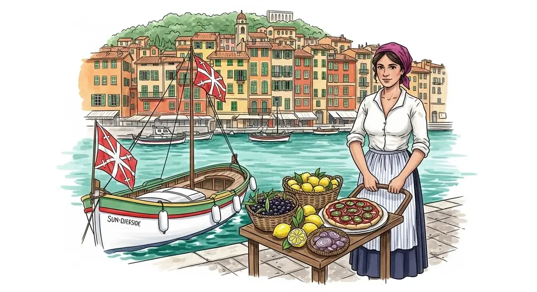 Aquarelle montrant l'influence italienne sur la Côte d'Azur avec une scène de port illustrant l'héritage italien et la culture niçoise