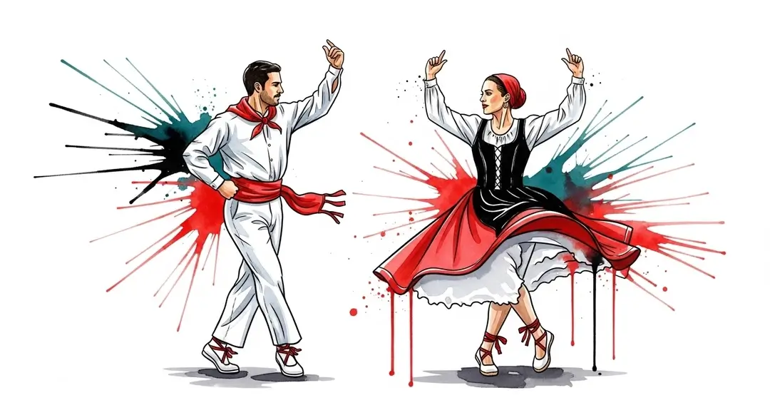 Un homme et une femme en costumes traditionnels interprètent une danse pour illustrer le folklore basque à Bayonne