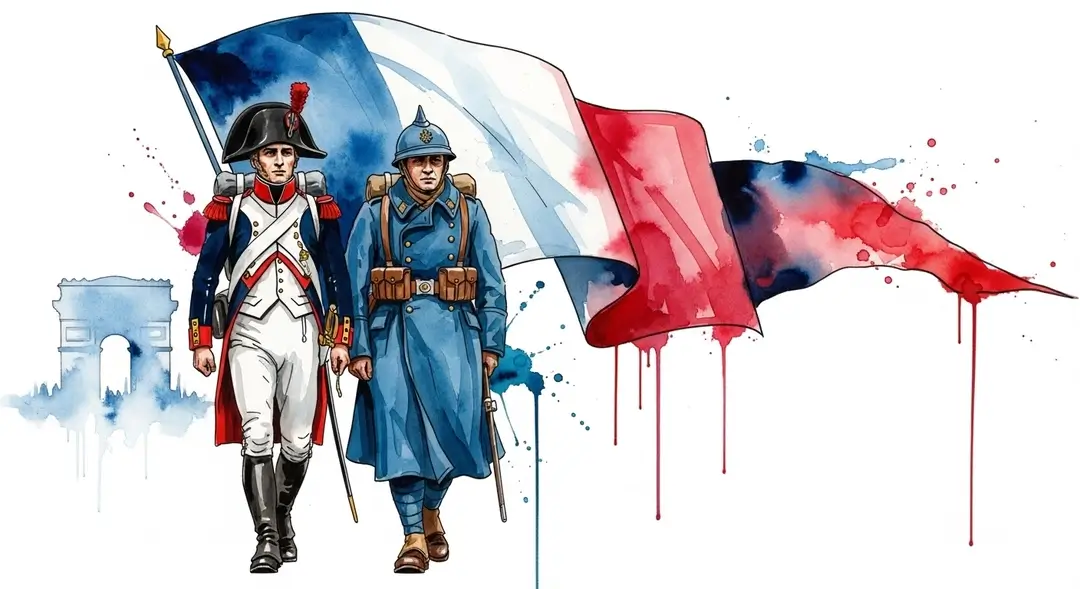 Aquarelle représentant des cérémonies militaires et leur relation avec l'histoire de France