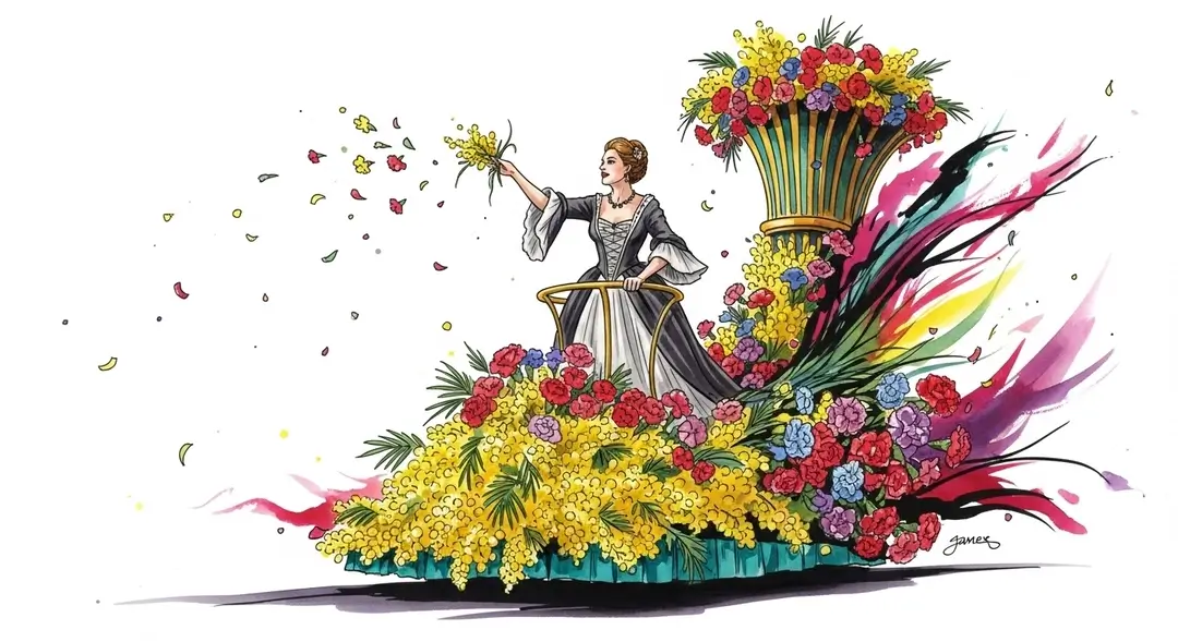 Une femme sur un des chars allégoriques de la bataille de fleurs lance des mimosas