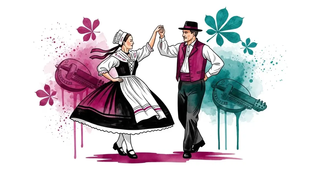 Couple en costumes traditionnels exécutant une danse typique pour illustrer le folklore et les coutumes paysannes du Limousin.