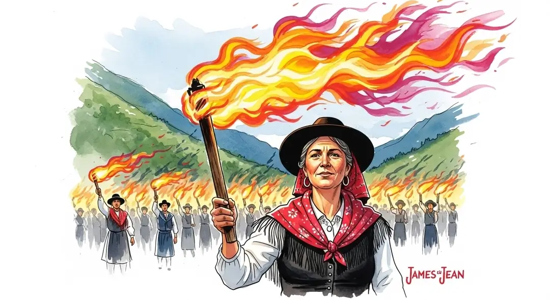 Illustration de la culture occitane du Val d'Aran montrant une femme préservant l'identité aranaise lors des fêtes du feu