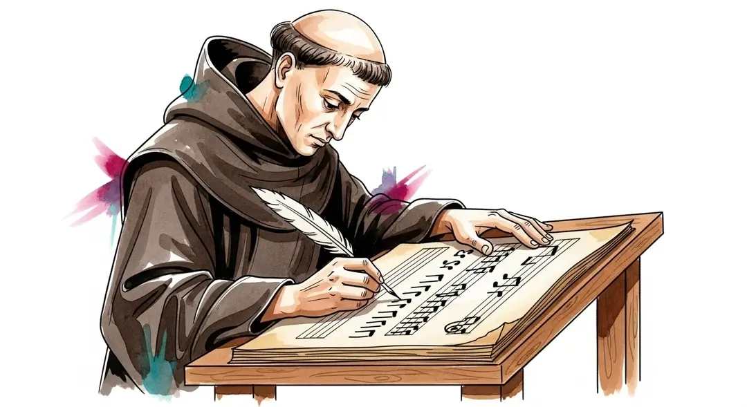 Illustration d'un moine préservant l'héritage carolingien à travers le chant grégorien en transcrivant des neumes pour l'unification liturgique