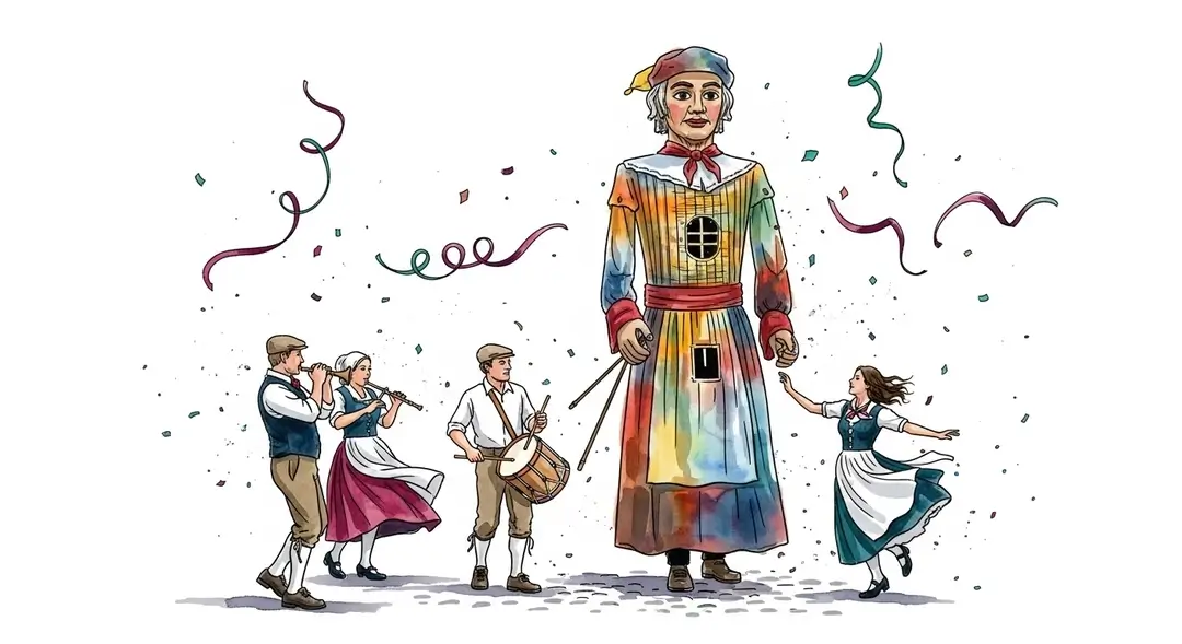 Scène de fête flamande illustrant le folklore et la culture du nord de la France avec un géant et des habitants célébrant les traditions des Hauts-de-France.