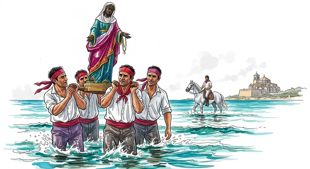 Illustration du pèlerinage gitan aux Saintes-Maries-de-la-Mer avec des hommes portant la statue de Sainte Sara la Noire dans la mer pour la fête des gitans en Camargue.
