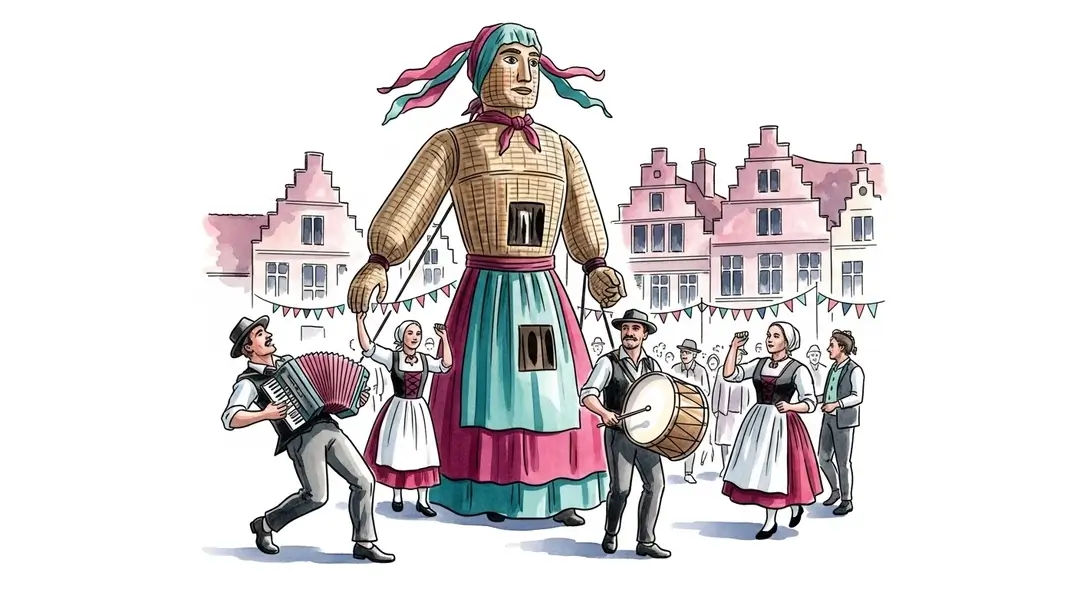 Illustration du folklore flamand mettant en scène un géant et des musiciens durant une fête traditionnelle
