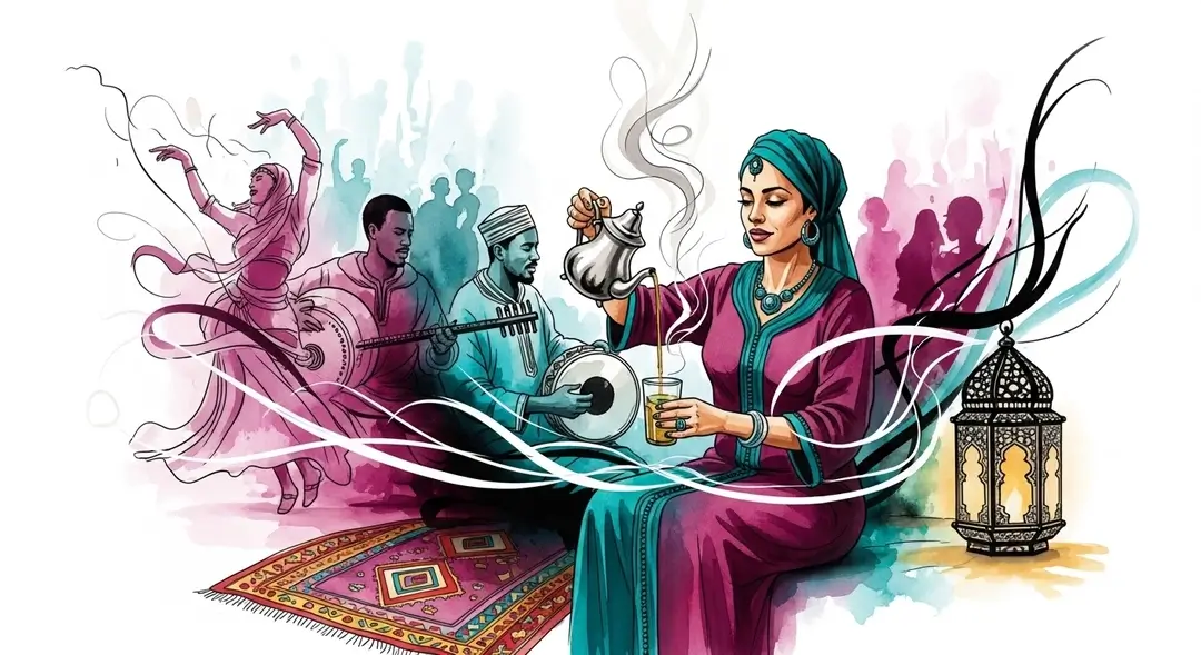 Illustration du festival marocain à Marseille montrant une femme servant le thé