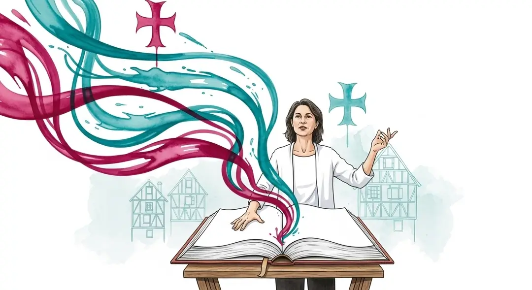 Une enseignante illustre la revitalisation de la langue gasconne à l'école ; des rubans colorés symbolisent un enseignement du gascon vivant et dynamique.