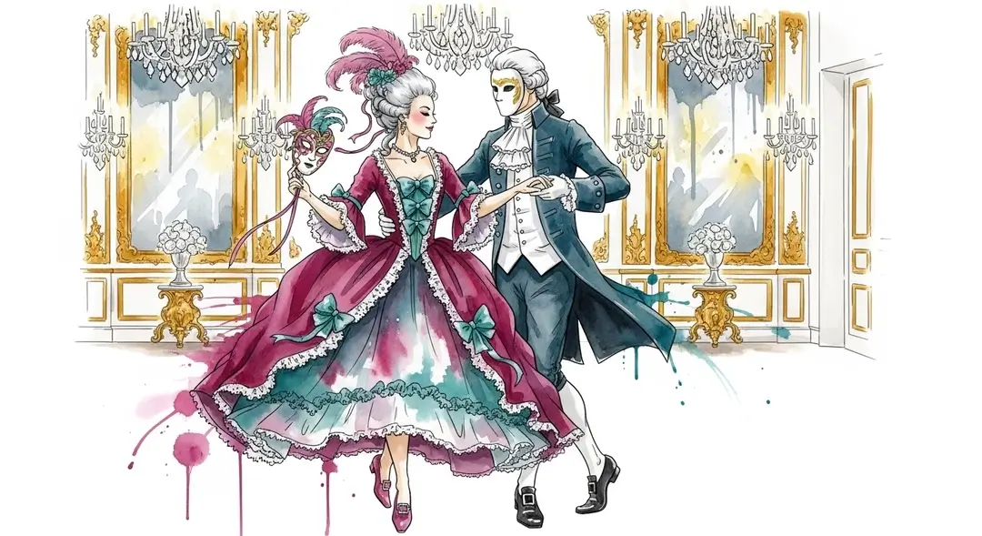 Couple en costumes d'époque dansant lors d'un bal masqué au château pendant une soirée costumée en France