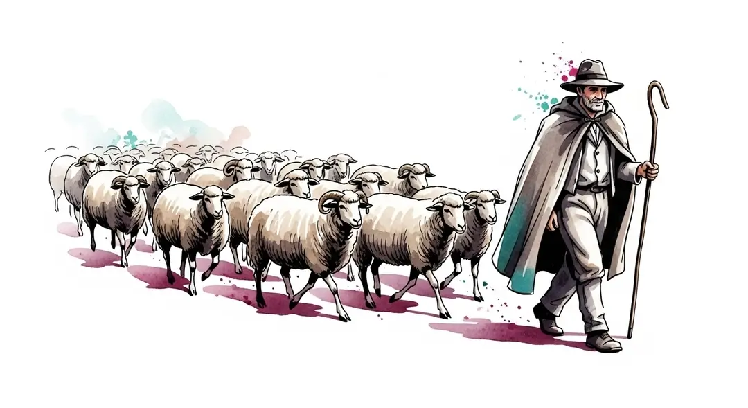 Illustration de la fête de la transhumance en Provence montrant des bergers de Provence guidant leur troupeau
