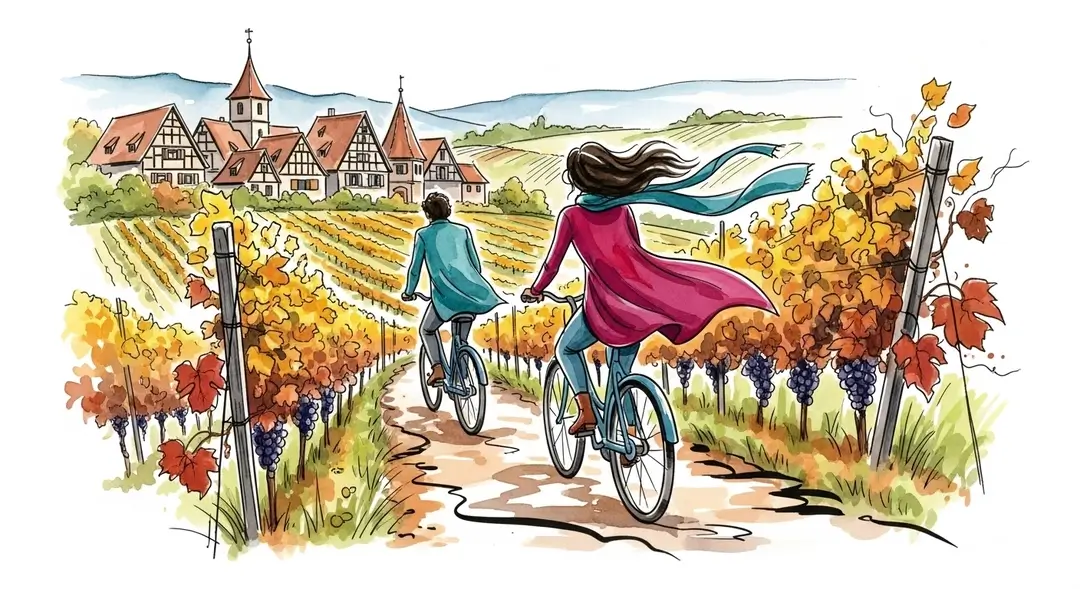 Illustration d'un couple pratiquant le slow tourisme à vélo sur la Route des Vins d'Alsace en automne