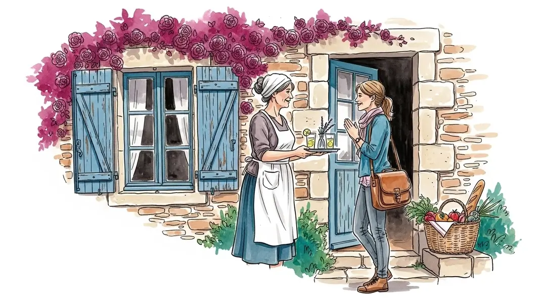 Illustration d'une hôte accueillant une voyageuse devant une chambre d'hôtes en France