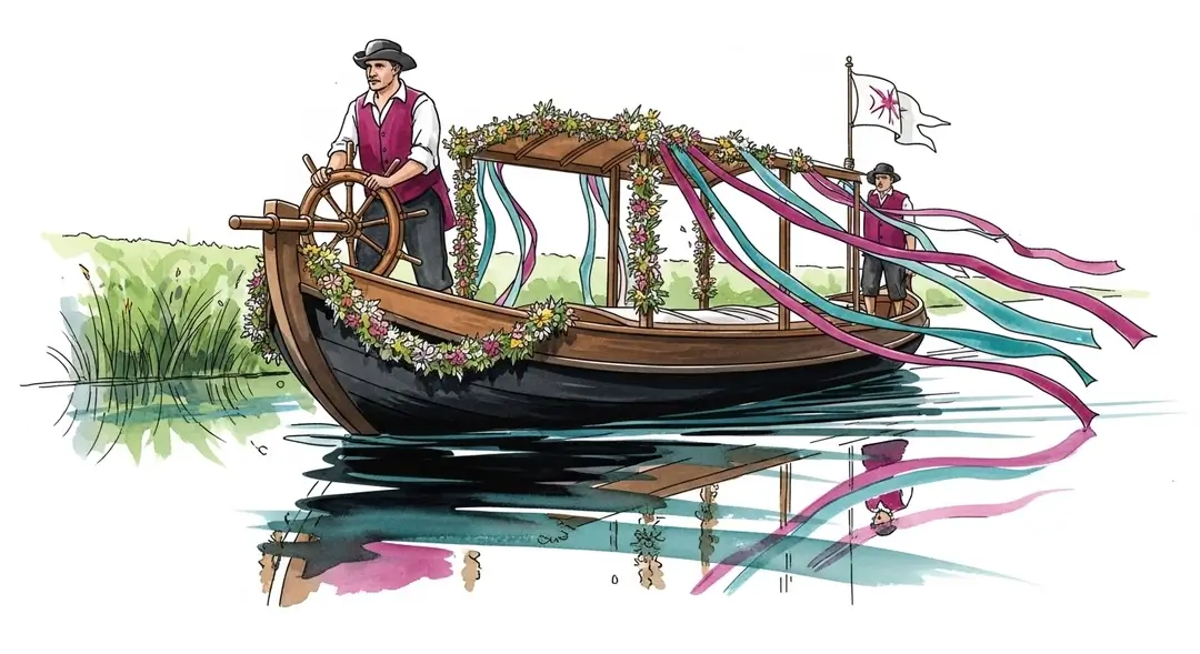 Ancienne procession en barque en Bourgogne avec des mariniers sur un bateau décoré