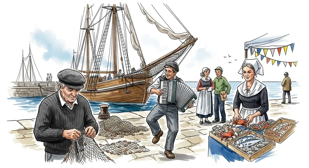 Scène illustrée de l'organisation d'une fête de pêcheurs en Bretagne