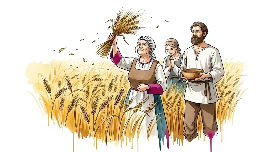 Illustration de la cérémonie de bénédiction de la récolte de blé montrant une paysanne offrant la dernière gerbe de blé lors d'un rite agraire ancestral.