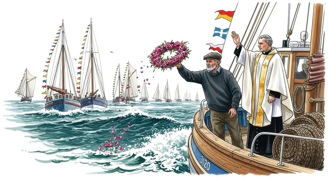 Aquarelle de la bénédiction des bateaux en Bretagne où un prêtre bénit les chalutiers des pêcheurs bretons durant la fête de la mer