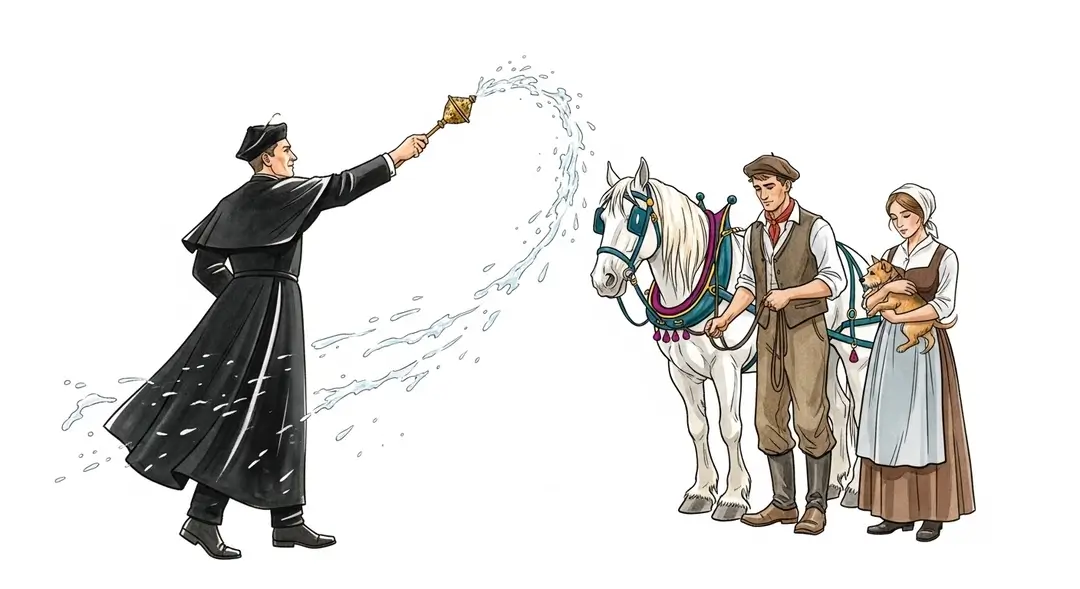 Une aquarelle illustrant la tradition de la bénédiction des animaux où un prêtre accomplit le rituel de protection du bétail