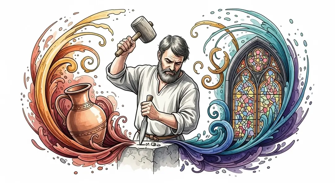 Illustration à l'aquarelle des métiers d'art en Bourgogne : un artisan tailleur de pierre symbolisant le savoir-faire ancestral et le patrimoine vivant de la région.