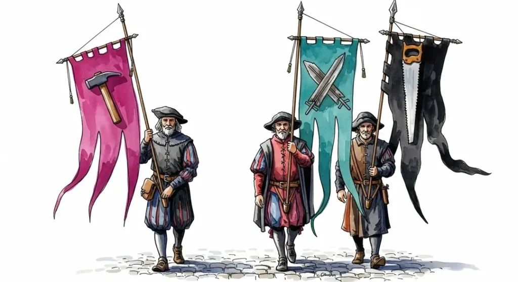 Illustration du rôle des confréries artisanales dans les fêtes : des artisans du Moyen Âge défilent
