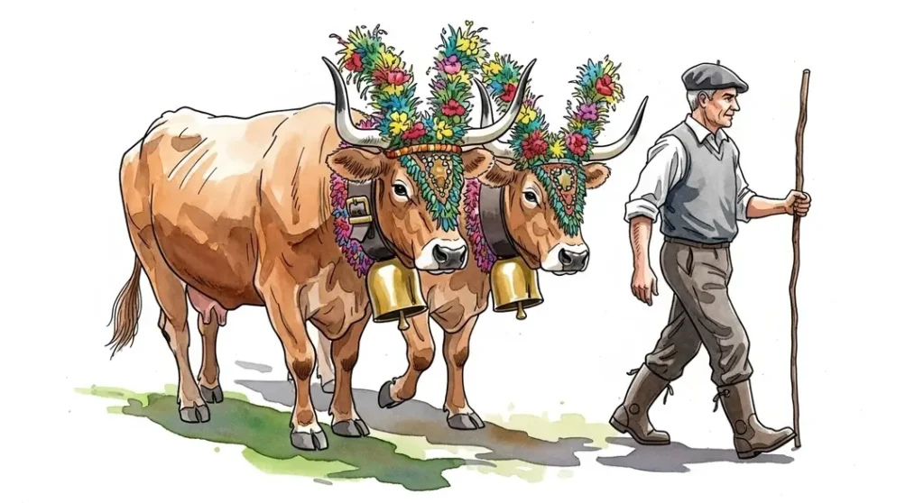 Illustration de la fête de la transhumance en Aubrac montrant des vaches de race Aubrac décorées de fleurs et un éleveur en tenue traditionnelle guidant le troupeau.
