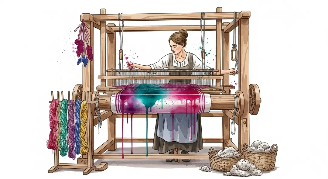 Illustration du tissage artisanal en Ardèche : une femme tisse sur un métier en bois