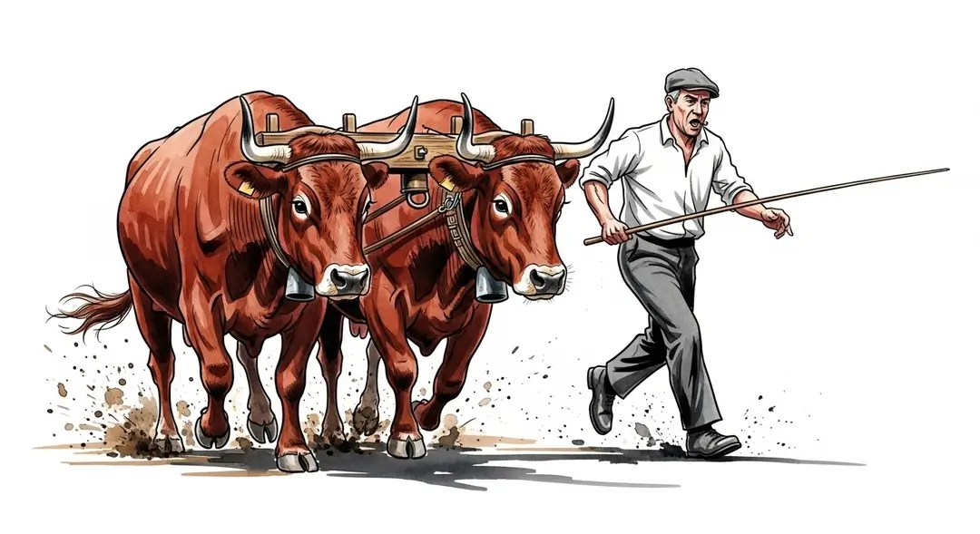Illustration de bœufs Salers en pleine action lors des courses de bœufs du Massif Central