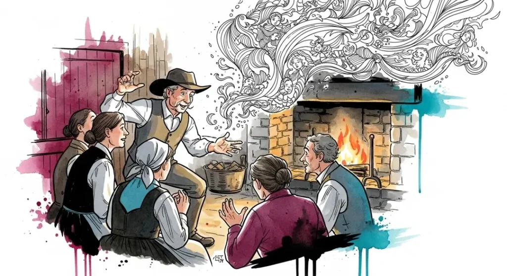 Une aquarelle illustrant une veillée traditionnelle