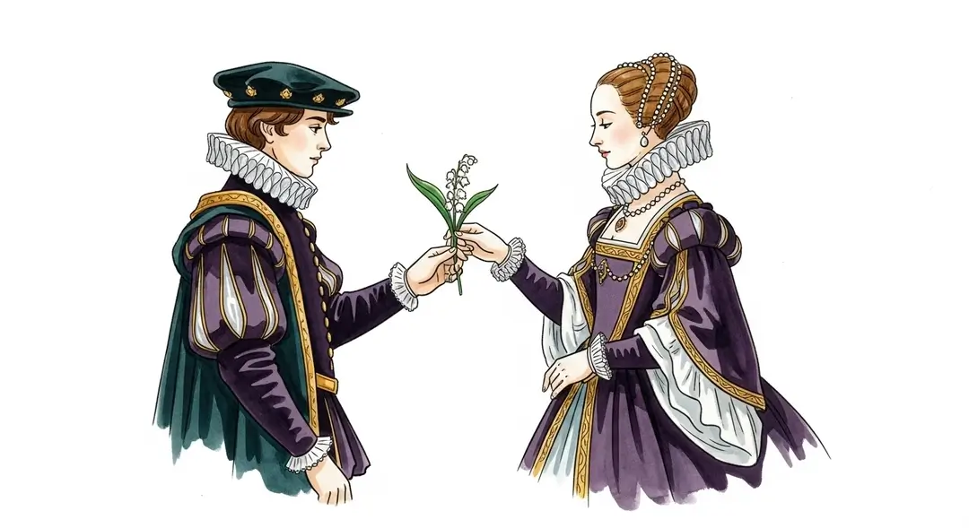 Illustration du roi Charles IX initiant la tradition du muguet du 1er mai en offrant un brin à une dame de la cour