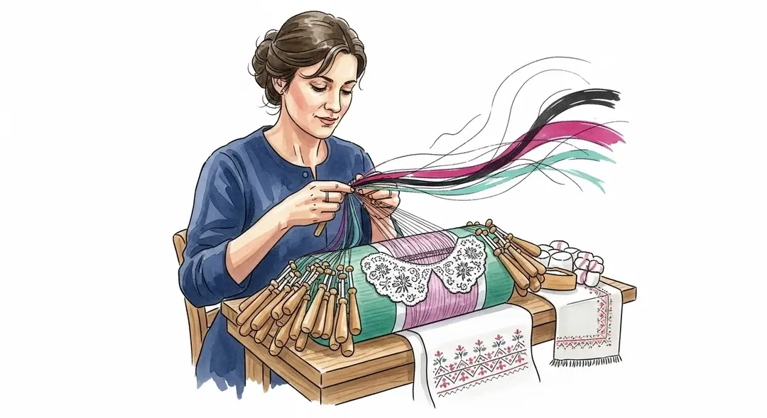 Illustration d'une créatrice de broderie et dentelle dans une foire d'artisanat